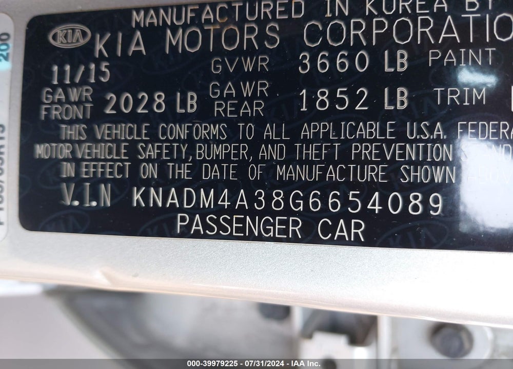 2016 KIA RIO LX VIN: KNADM4A38G6654089