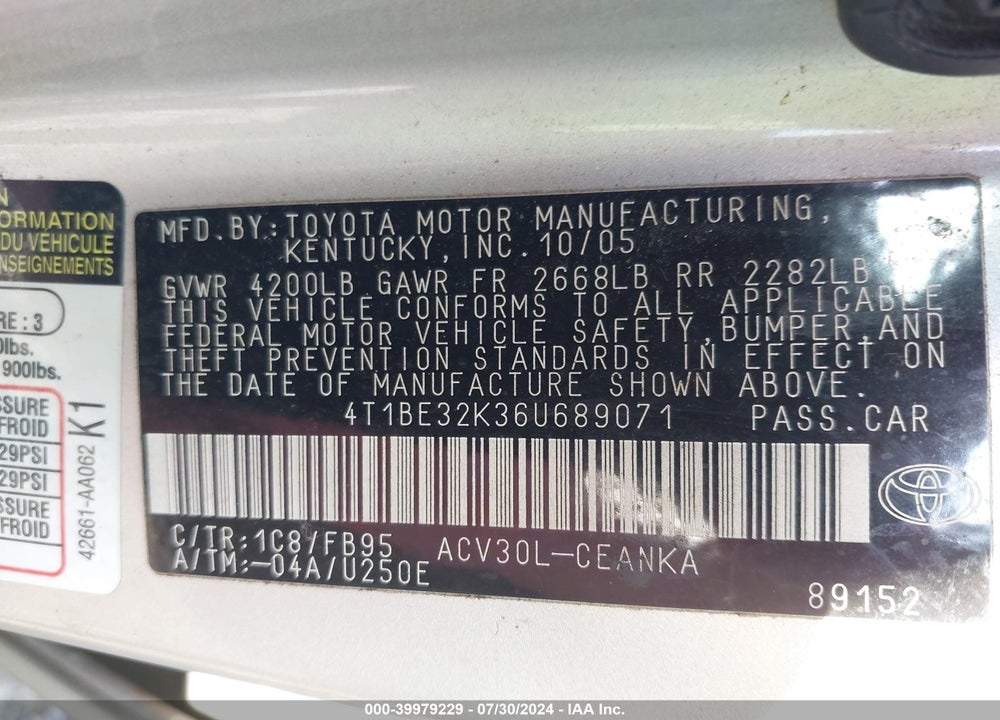 2006 TOYOTA CAMRY STD/ VIN: 4T1BE32K36U689071
