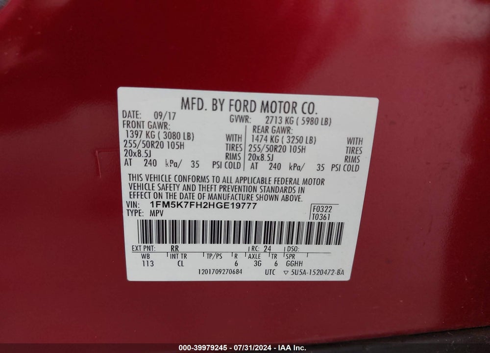 2017 FORD EXPLORER LIMITED VIN: 1FM5K7FH2HGE19777