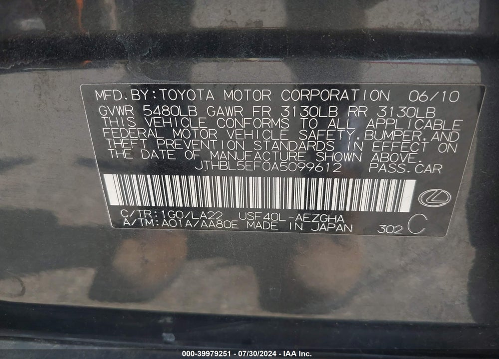 2010 LEXUS LS 460 VIN: JTHBL5EF0A5099612