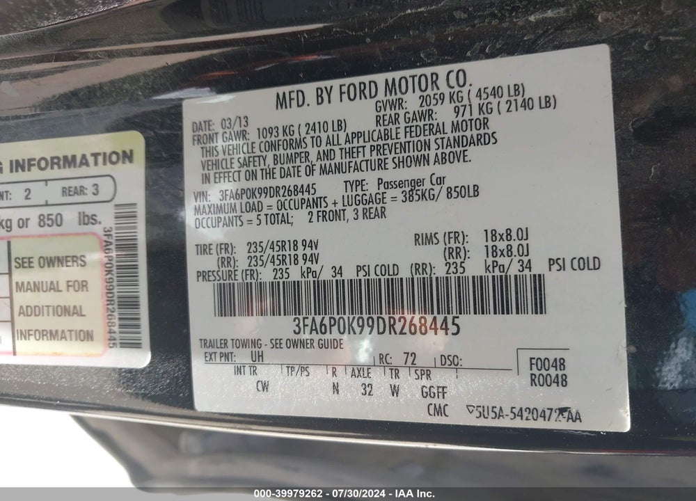 2013 FORD FUSION TITANIUM VIN: 3FA6P0K99DR268445