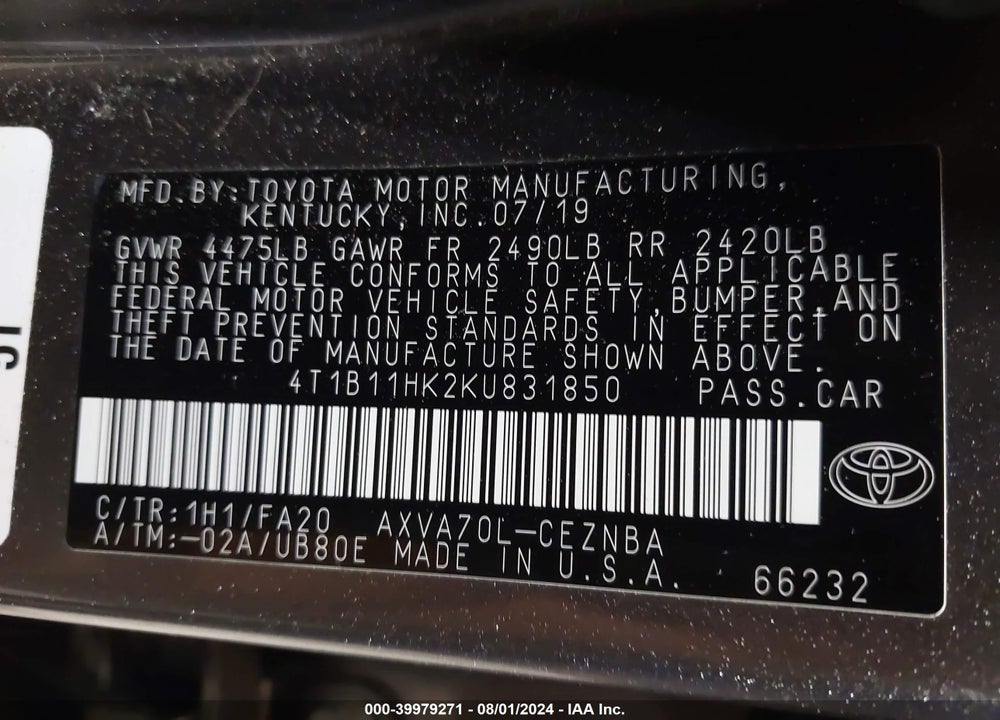 2019 TOYOTA CAMRY LE VIN: 4T1B11HK2KU831850