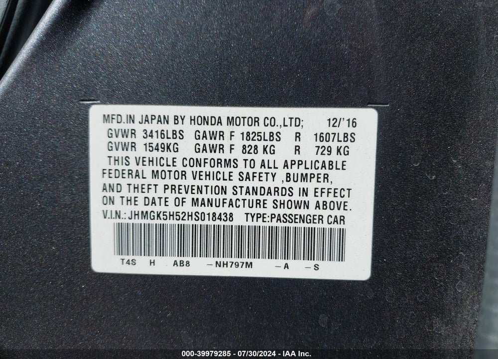 2017 HONDA FIT LX VIN: JHMGK5H52HS018438