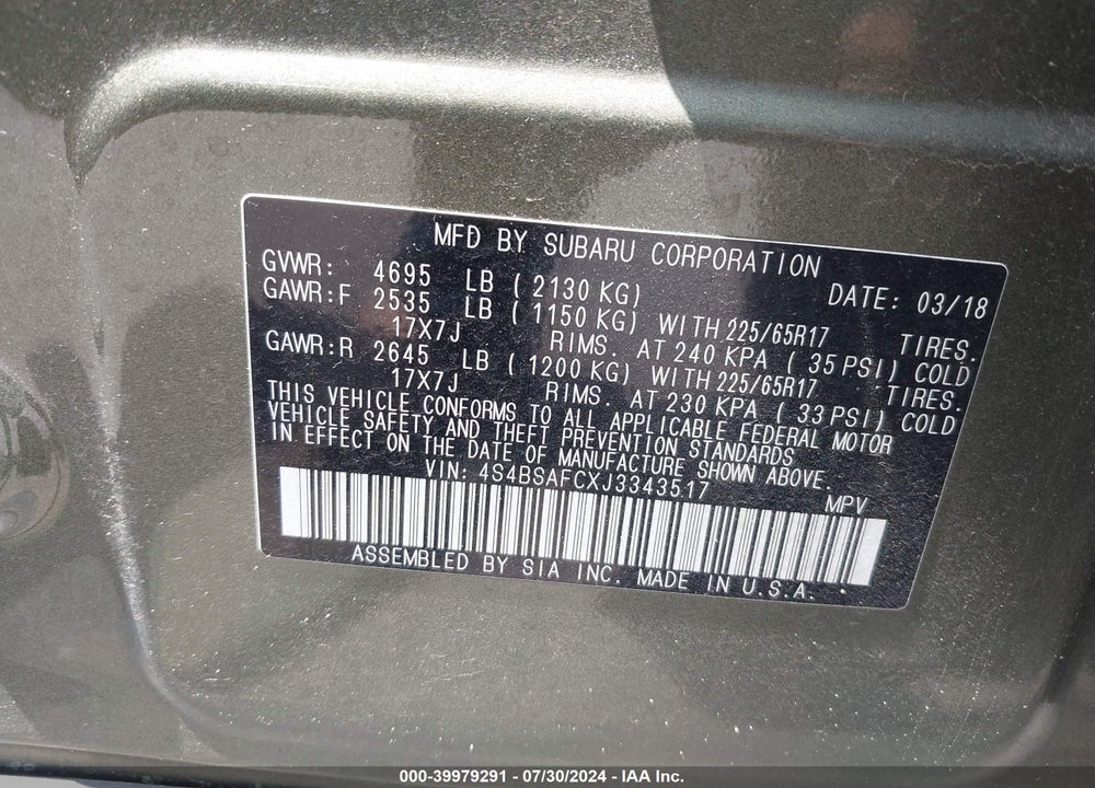 2018 SUBARU OUTBACK 2.5I PREMIUM VIN: 4S4BSAFCXJ3343517