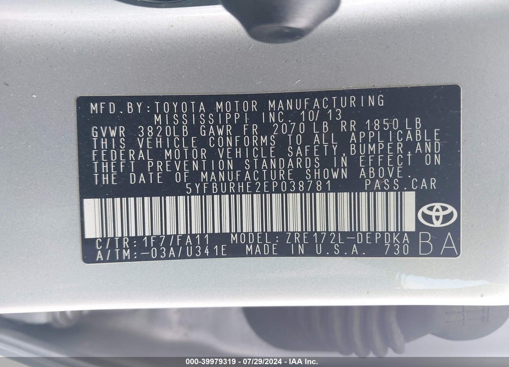 2014 TOYOTA COROLLA VIN: 5YFBURHE2EP038781