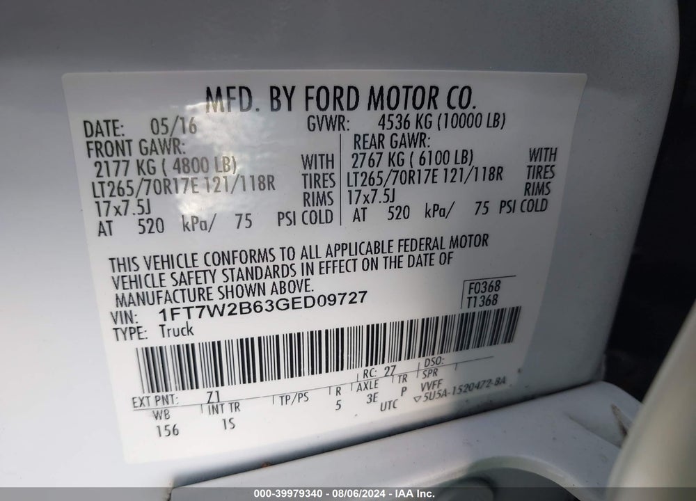 2016 FORD F-250 XL VIN: 1FT7W2B63GED09727