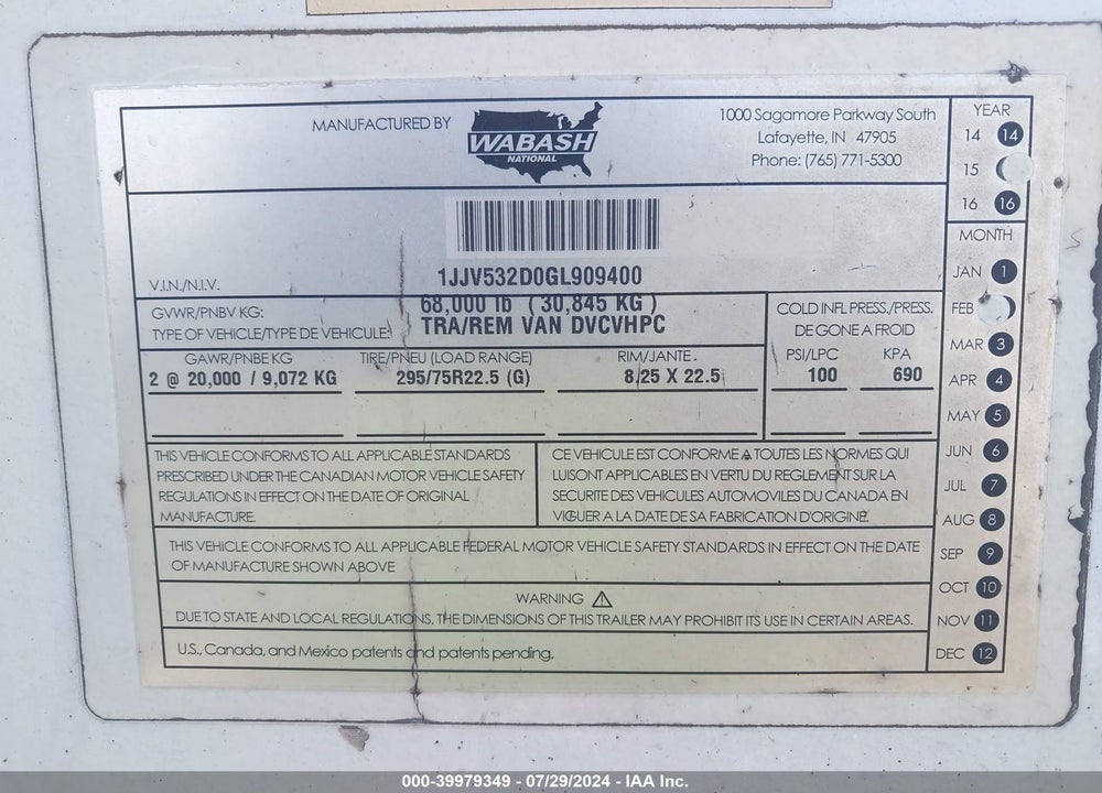 2016 WABASH NATIONAL CORP TRAILER VIN: 1JJV532D0GL909400