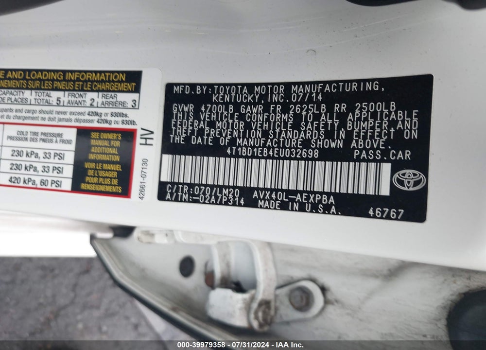 2014 TOYOTA AVALON HYBRID LIMITED VIN: 4T1BD1EB4EU032698