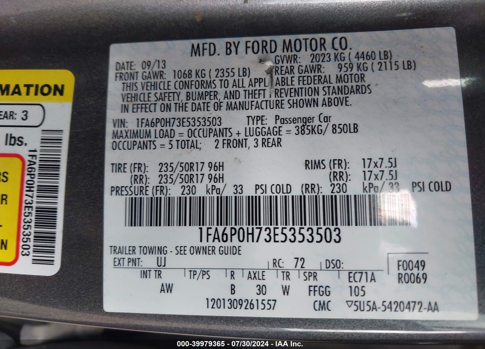 2014 FORD FUSION SE VIN: 1FA6P0H73E5353503