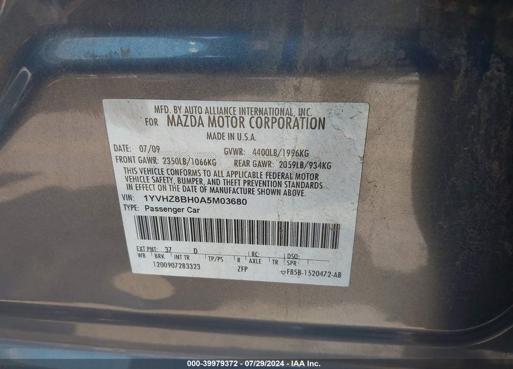 2010 MAZDA 6 I SPORT VIN: 1YVHZ8BH0A5M03680