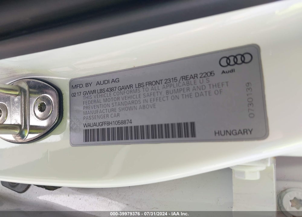 2017 AUDI A3 2.0T PREMIUM VIN: WAUAUGFF8H1058874
