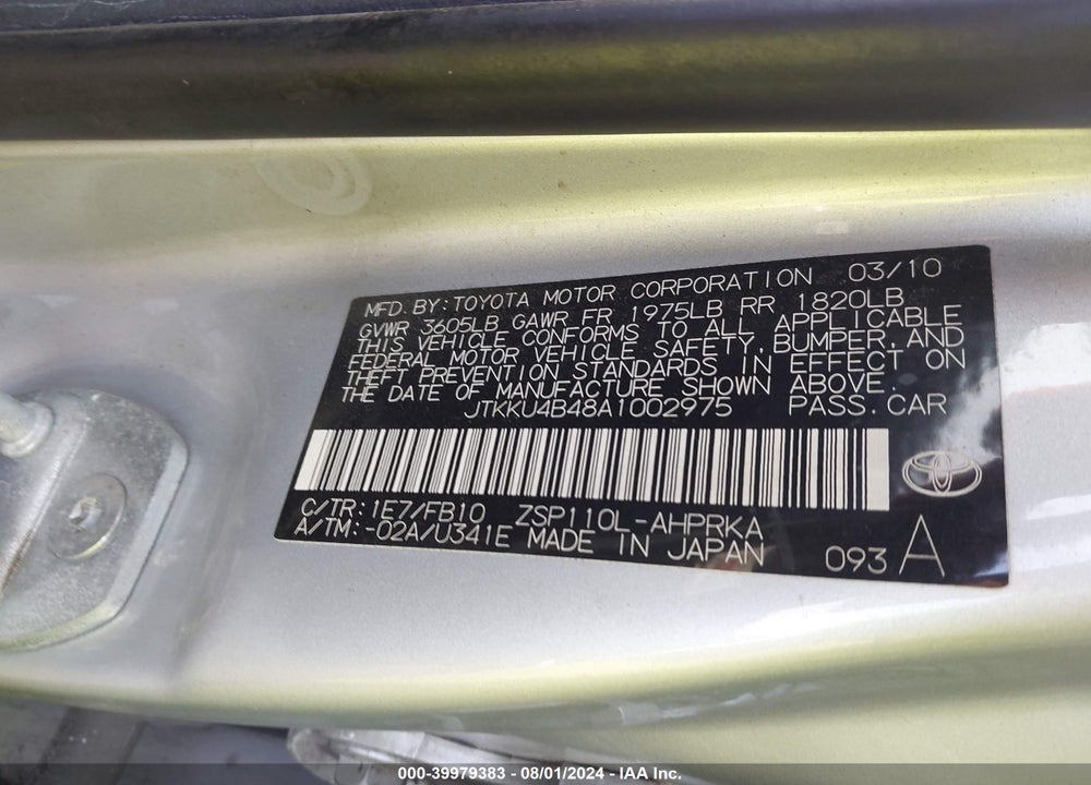 2010 SCION XD VIN: JTKKU4B48A1002975