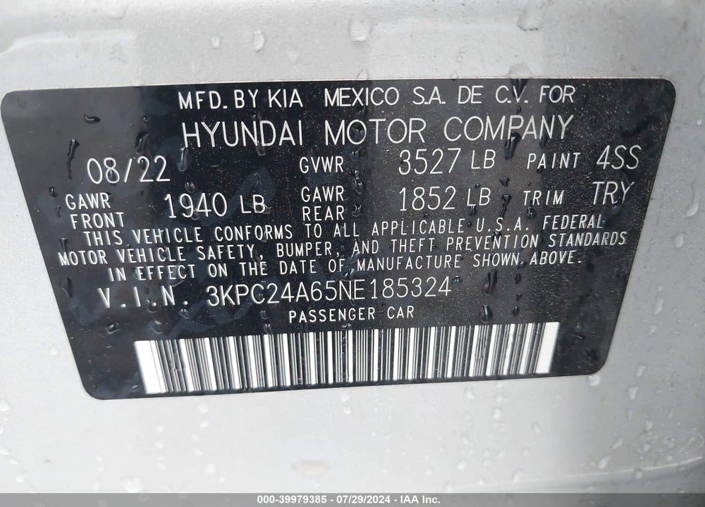 2022 HYUNDAI ACCENT SE VIN: 3KPC24A65NE185324