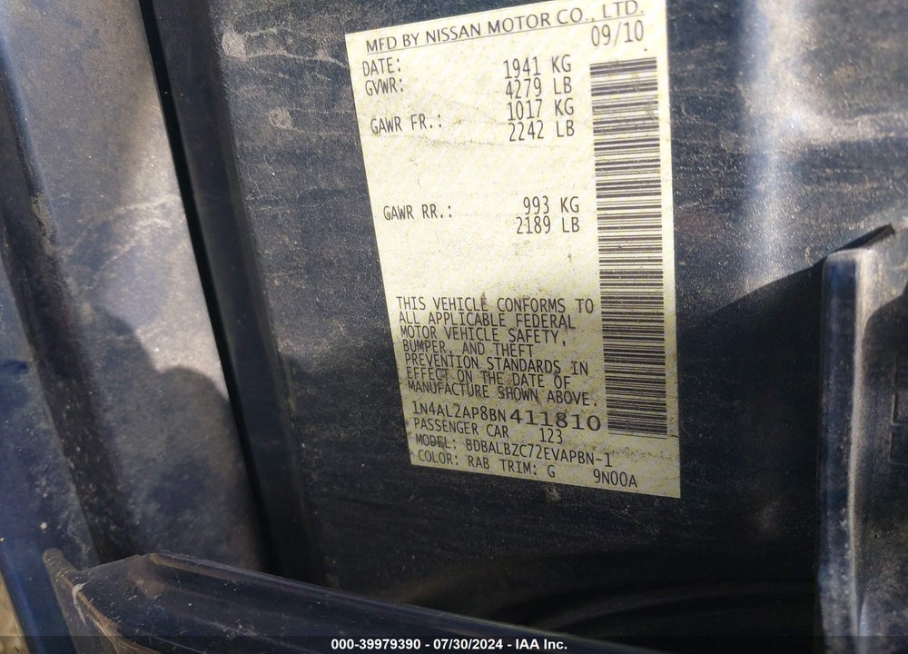 2011 NISSAN ALTIMA 2.5 S VIN: 1N4AL2AP8BN411810