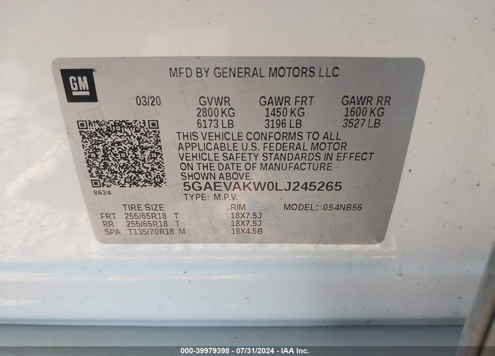 2020 BUICK ENCLAVE AWD ESSENCE VIN: 5GAEVAKW0LJ245265