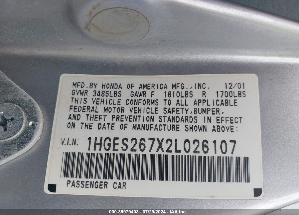 2002 HONDA CIVIC EX VIN: 1HGES267X2L026107