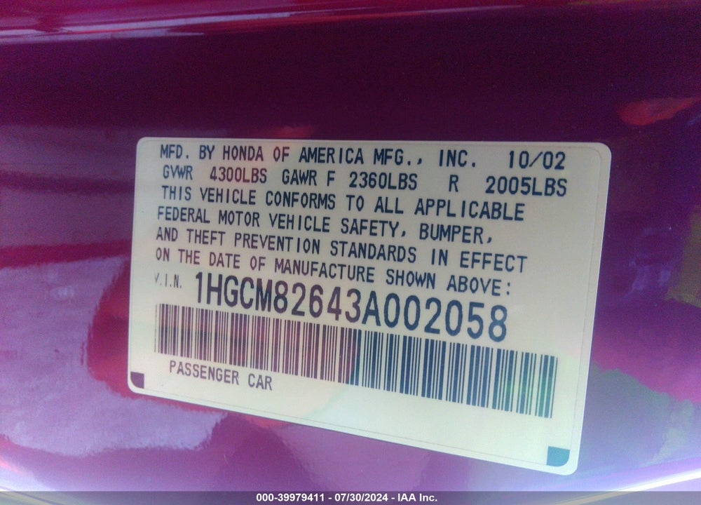 2003 HONDA ACCORD 3.0 EX VIN: 1HGCM82643A002058