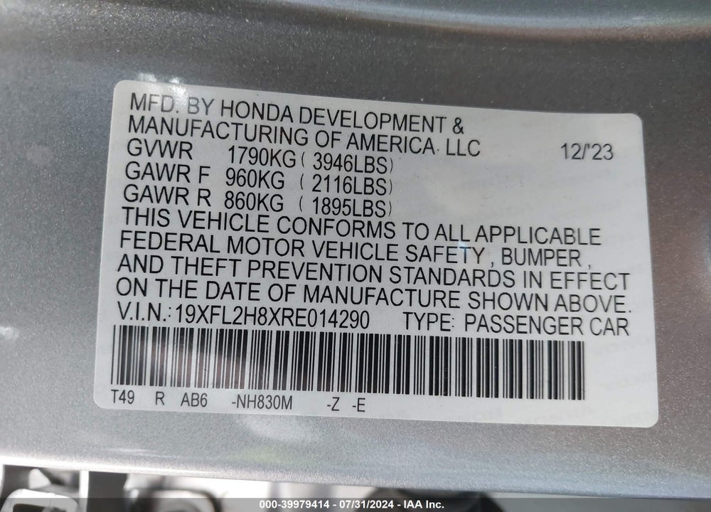 2024 HONDA CIVIC SPORT VIN: 19XFL2H8XRE014290