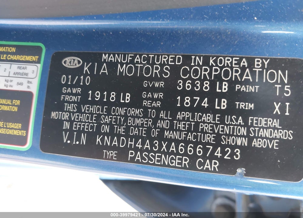 2010 KIA RIO LX VIN: KNADH4A3XA6667423