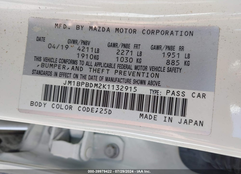 2019 MAZDA 3 PREFERRED PACKAGE VIN: JM1BPBDM2K1132915