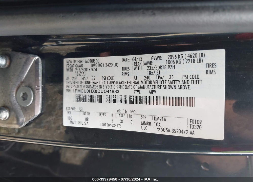 2013 FORD ESCAPE VIN: 1FMCU0HX8DUD41983
