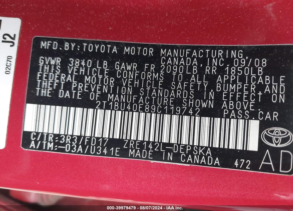 2009 TOYOTA COROLLA S VIN: 2T1BU40E89C119742