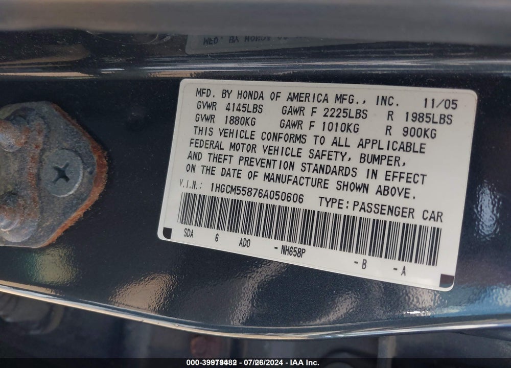 2006 HONDA ACCORD 2.4 EX VIN: 1HGCM55876A050606