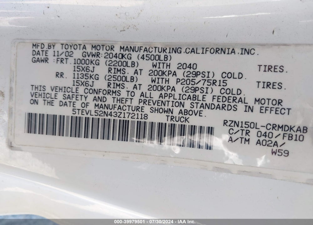 2003 TOYOTA TACOMA VIN: 5TEVL52N43Z172118