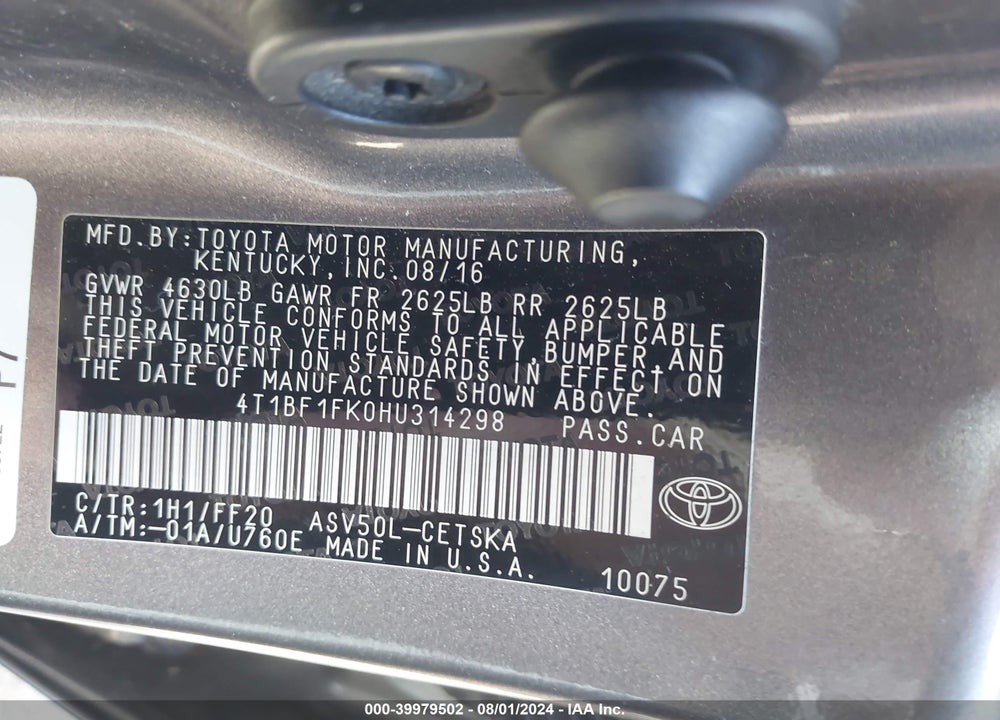 2017 TOYOTA CAMRY SE VIN: 4T1BF1FK0HU314298