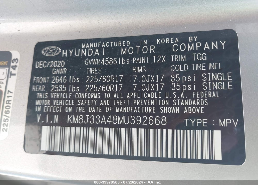 2021 HYUNDAI TUCSON VALUE VIN: KM8J33A48MU392668