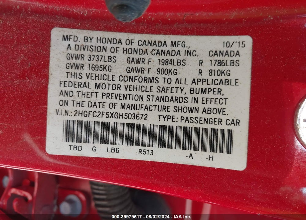 2016 HONDA CIVIC LX VIN: 2HGFC2F5XGH503672