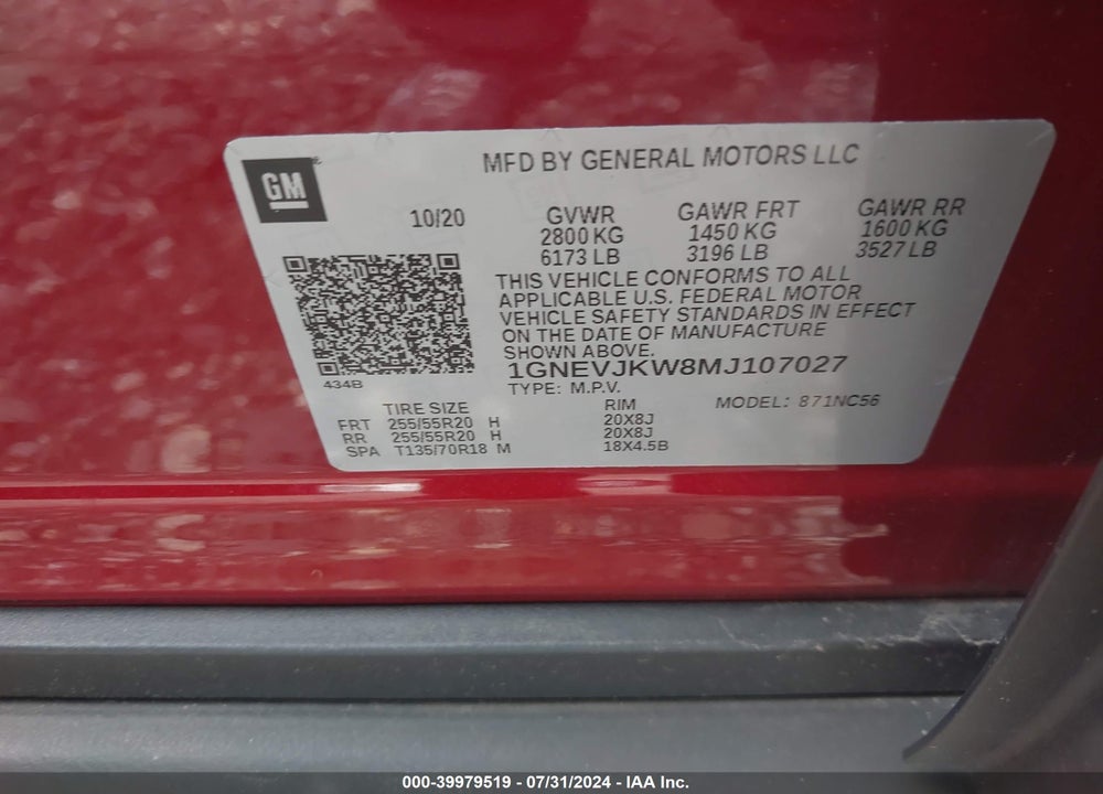 2021 CHEVROLET TRAVERSE AWD RS VIN: 1GNEVJKW8MJ107027