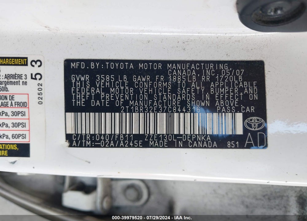 2007 TOYOTA COROLLA LE VIN: 2T1BR32E37C844316