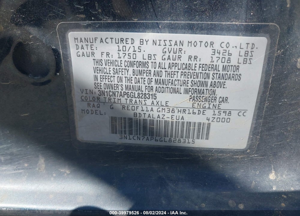 2016 NISSAN VERSA 1.6 S+ VIN: 3N1CN7AP6GL828315