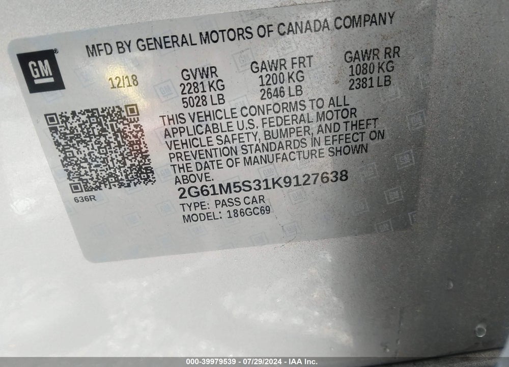 2019 CADILLAC XTS LUXURY VIN: 2G61M5S31K9127638