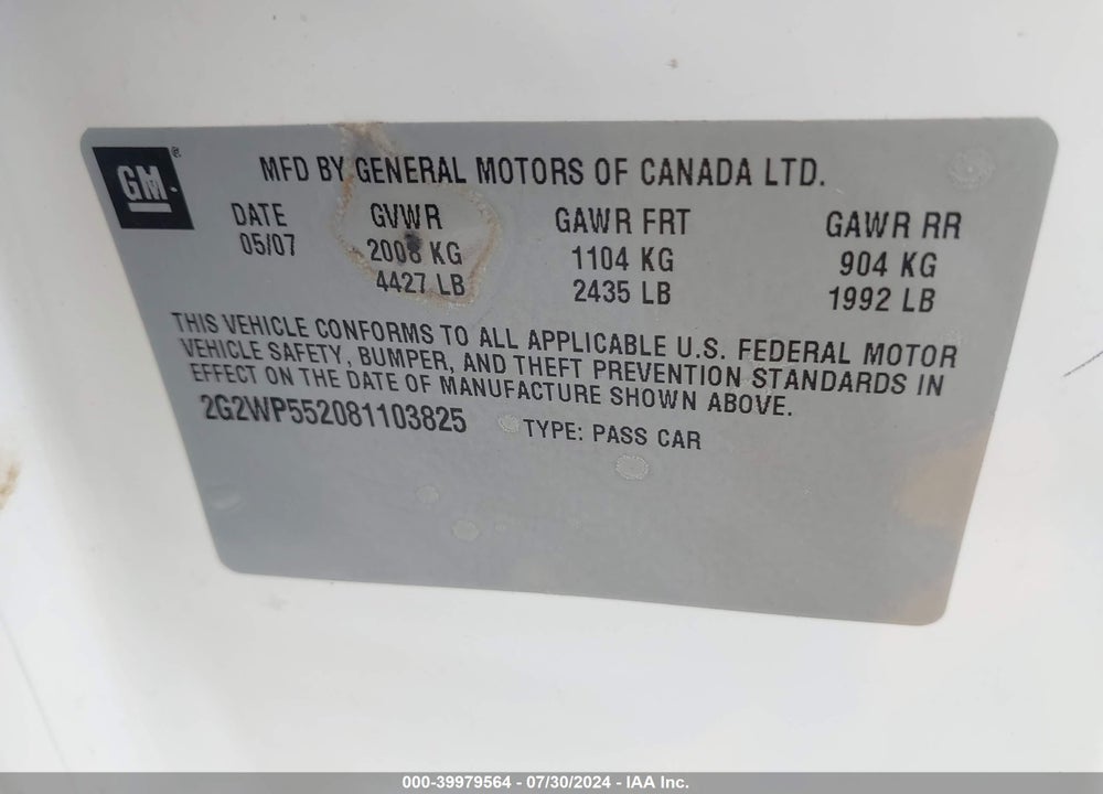 2008 PONTIAC GRAND PRIX VIN: 2G2WP552081103825