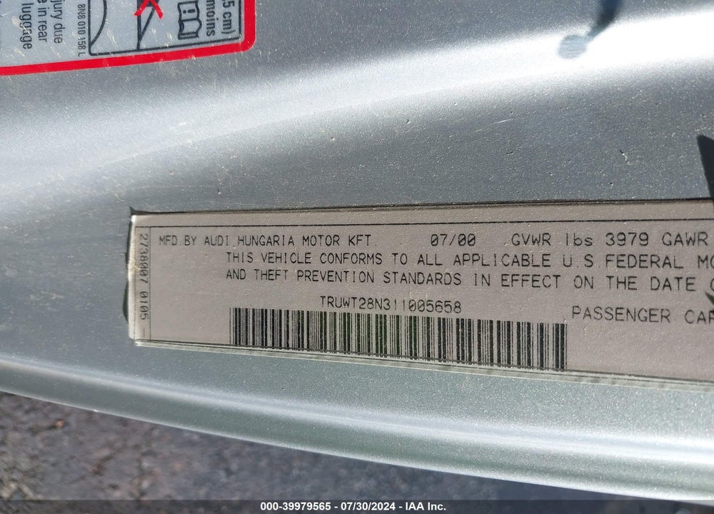 2001 AUDI TT VIN: TRUWT28N311005658