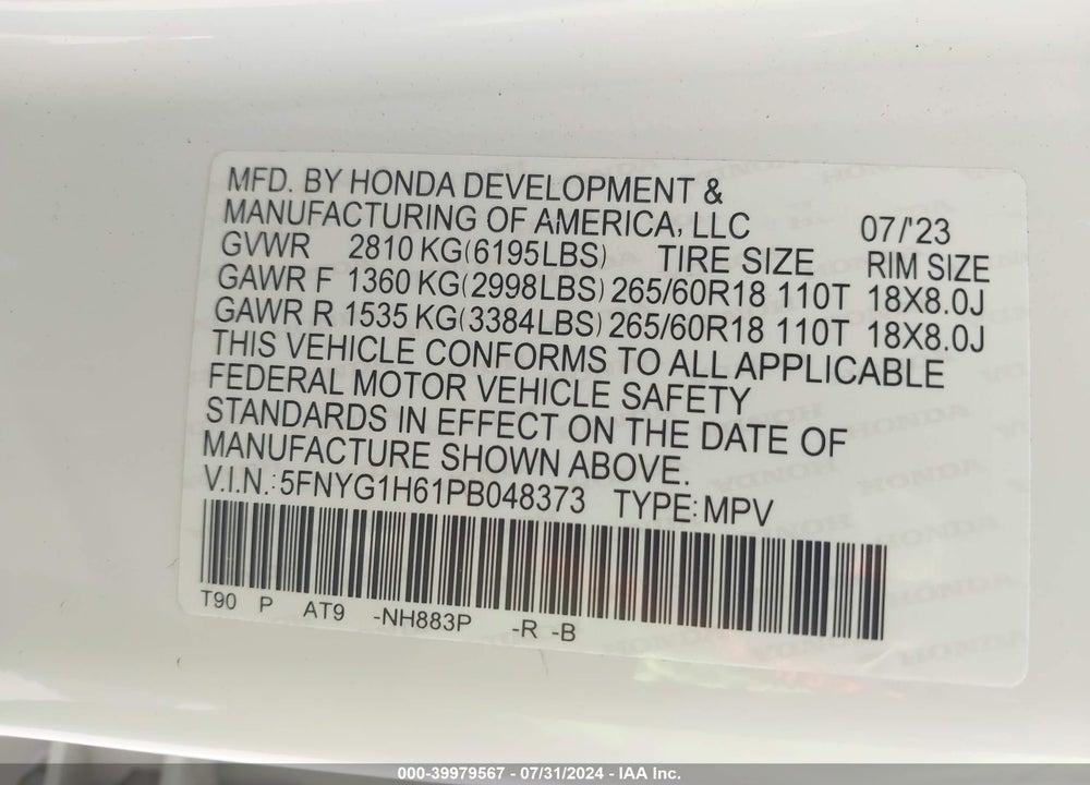 2023 HONDA PILOT AWD TRAILSPORT VIN: 5FNYG1H61PB048373