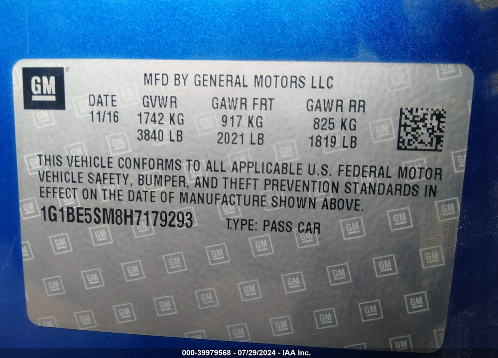 2017 CHEVROLET CRUZE VIN: 1G1BE5SM8H7179293