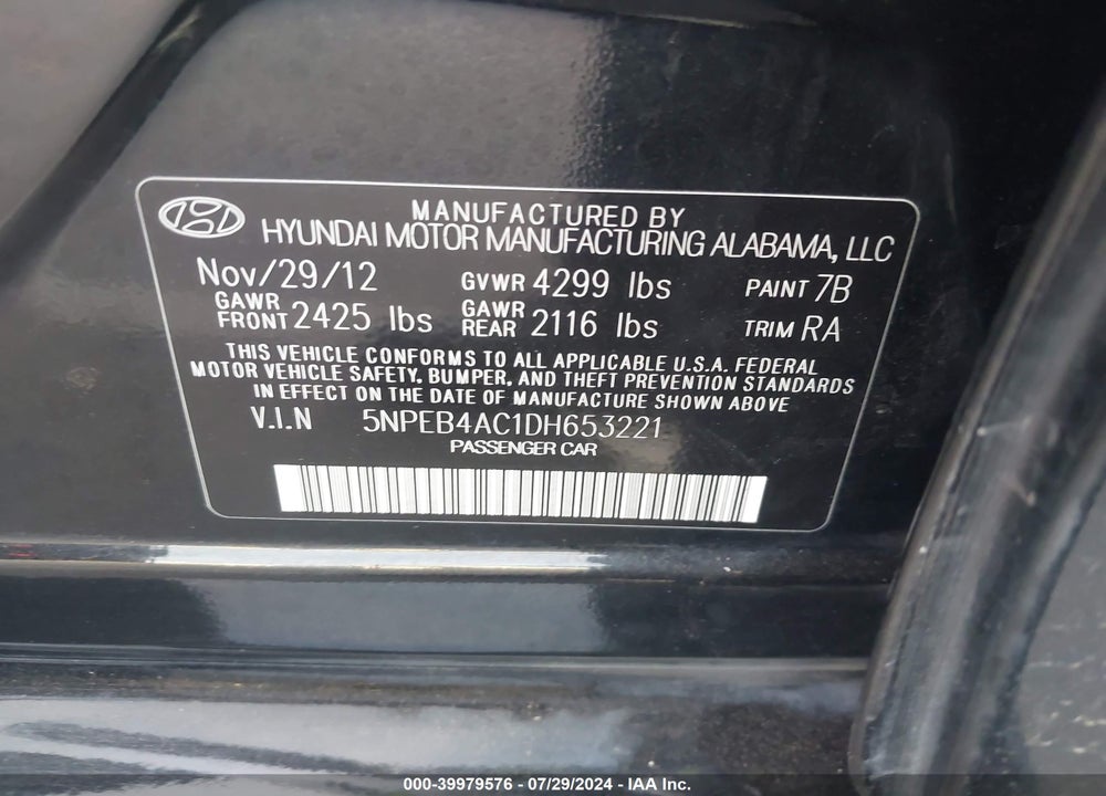 2013 HYUNDAI SONATA GLS VIN: 5NPEB4AC1DH653221