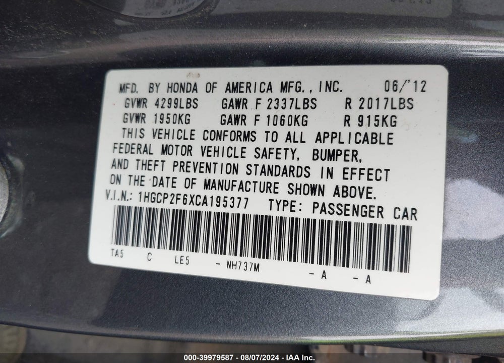 2012 HONDA ACCORD 2.4 SE VIN: 1HGCP2F6XCA195377