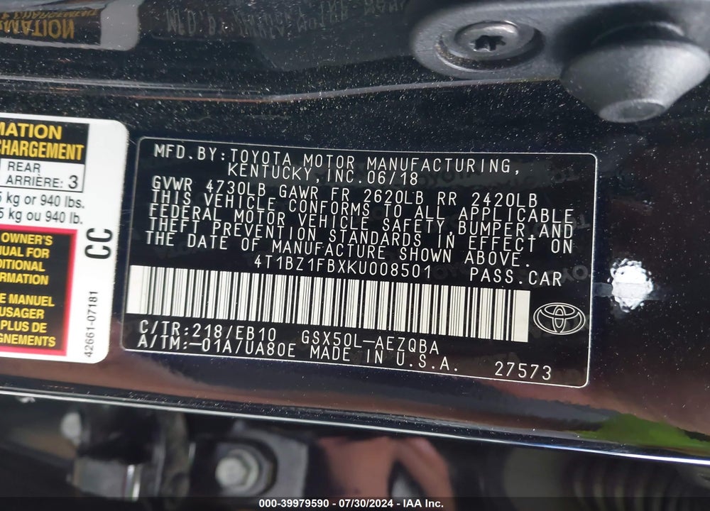 2019 TOYOTA AVALON XSE VIN: 4T1BZ1FBXKU008501