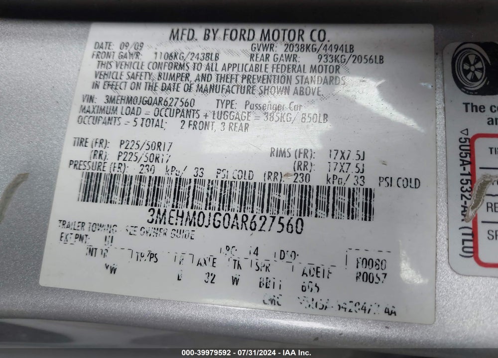 2010 MERCURY MILAN PREMIER VIN: 3MEHM0JG0AR627560