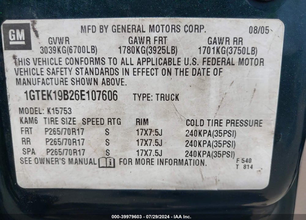 2006 GMC SIERRA 1500 SLT VIN: 1GTEK19B26E107606