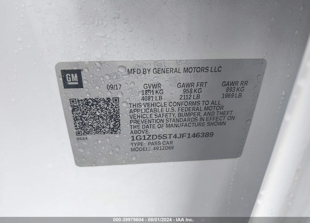 2018 CHEVROLET MALIBU LT VIN: 1G1ZD5ST4JF146389