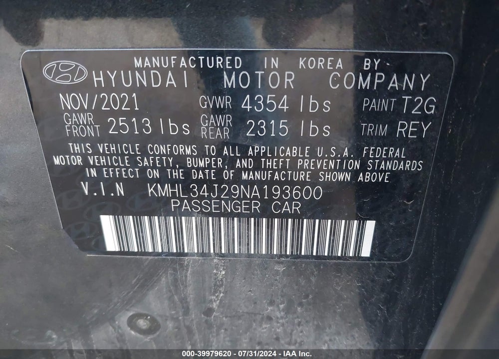 2022 HYUNDAI SONATA LIMITED VIN: KMHL34J29NA193600