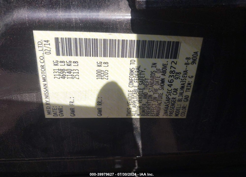 2014 NISSAN MAXIMA 3.5 SV VIN: 1N4AA5AP5EC463872