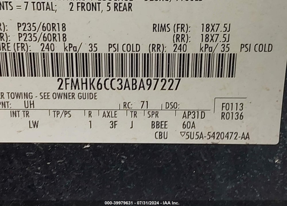 2010 FORD FLEX SEL VIN: 2FMHK6CC3ABA97227