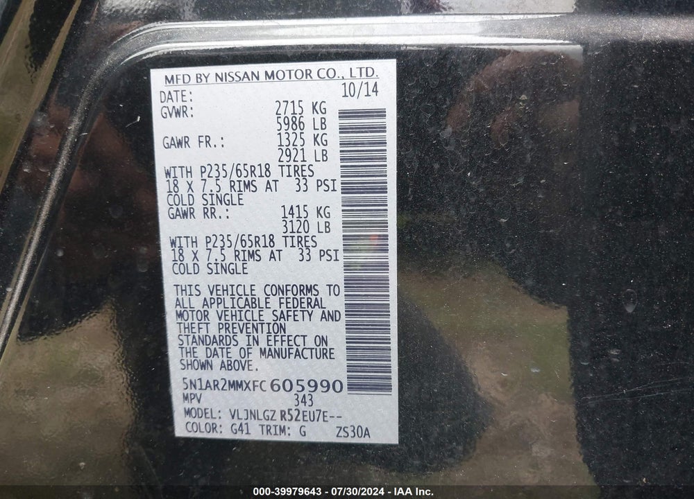 2015 NISSAN PATHFINDER SL VIN: 5N1AR2MMXFC605990