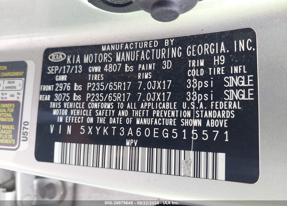 2014 KIA SORENTO LX VIN: 5XYKT3A60EG515571